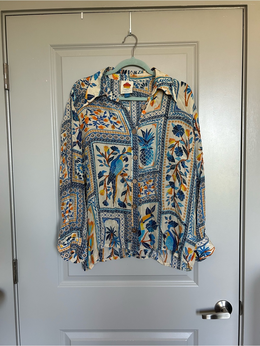 Farm Rio For Anthropologie Multicolor Floral Button-Up Blue and Cream